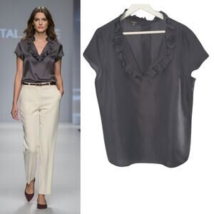 Talbots Silk Button Back Top Women's Sz12W Black V-Neck Ruffled Short Sleeve